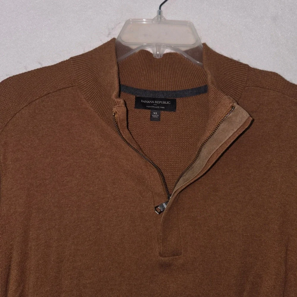 Banana Republic Men Brown Premium Luxe Yarn Quarter Zip Sweater XL Silk Cashmere